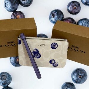 New Corner Zip Wristlet In Signature Canvas With Blueberry Print